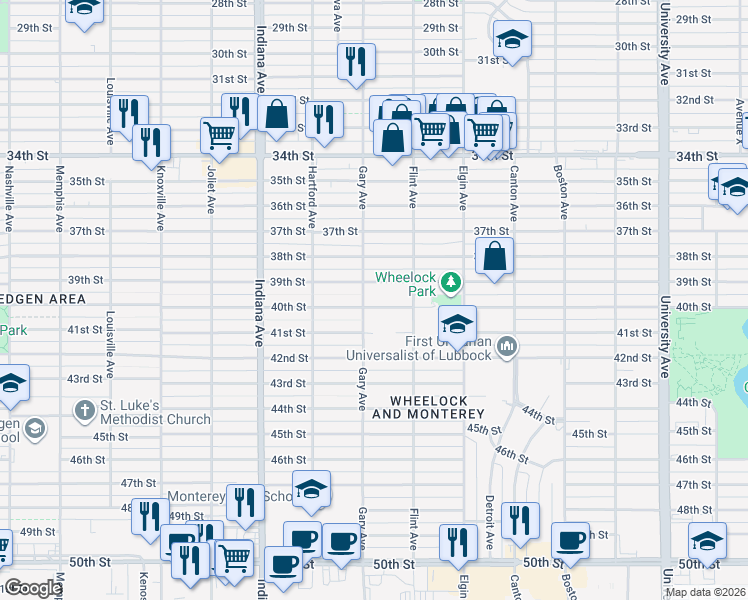 map of restaurants, bars, coffee shops, grocery stores, and more near 3114 40th Street in Lubbock