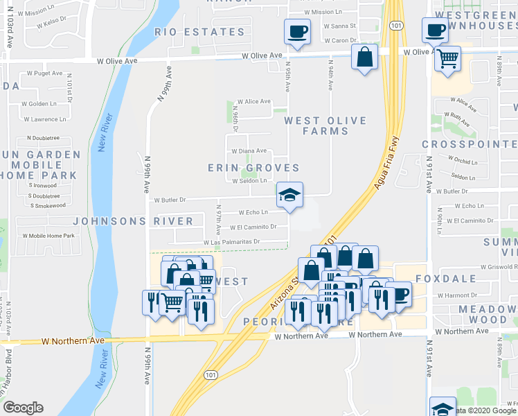 map of restaurants, bars, coffee shops, grocery stores, and more near 9544 West Echo Lane in Peoria