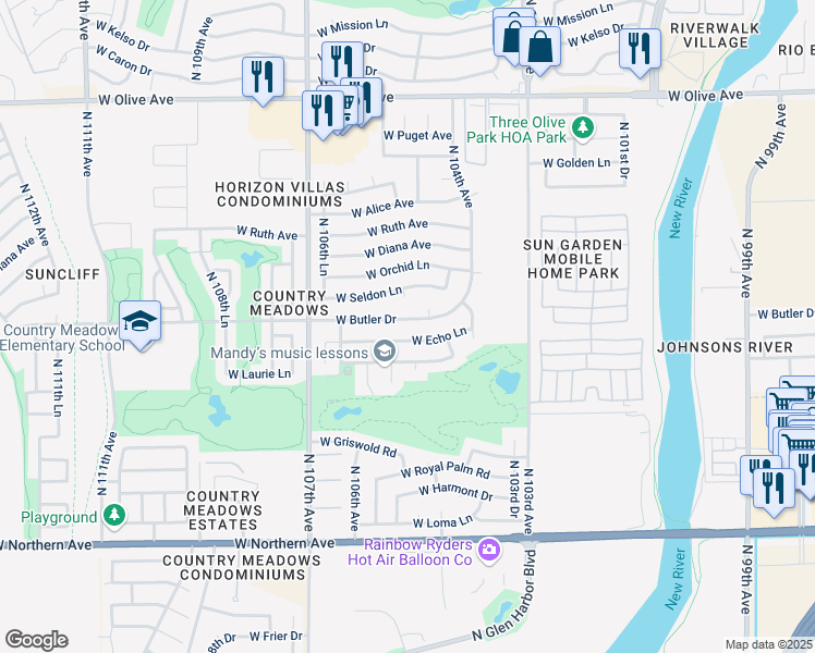 map of restaurants, bars, coffee shops, grocery stores, and more near 10450 West Echo Lane in Peoria