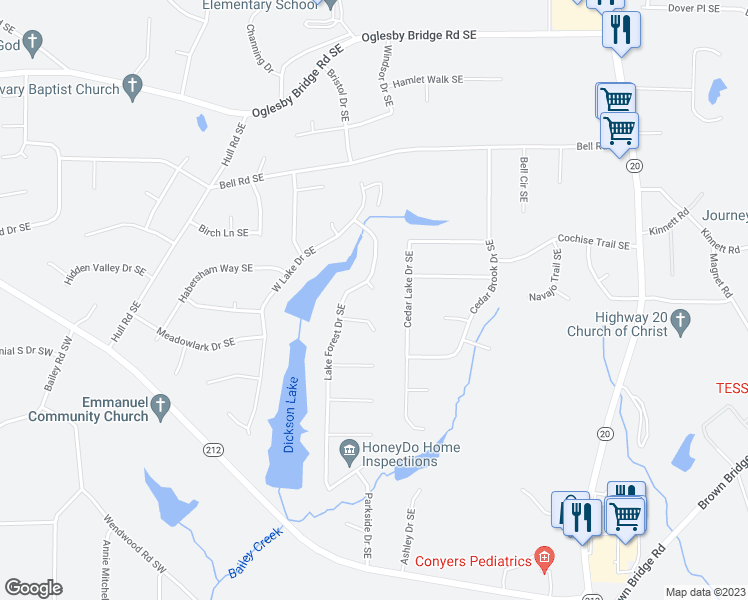 map of restaurants, bars, coffee shops, grocery stores, and more near 629 Tahoe Circle Southeast in Conyers