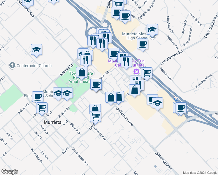 map of restaurants, bars, coffee shops, grocery stores, and more near 41410 Juniper Street in Murrieta