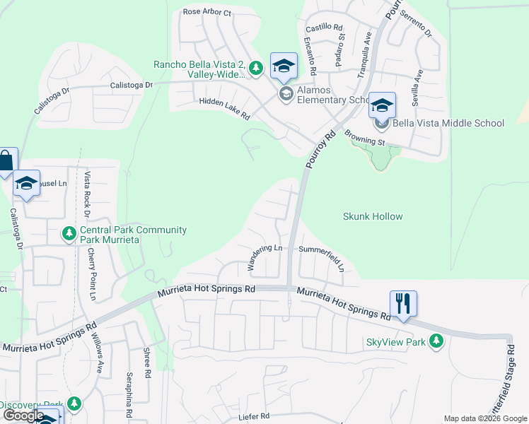 map of restaurants, bars, coffee shops, grocery stores, and more near 31424 Orchard Lane in Murrieta
