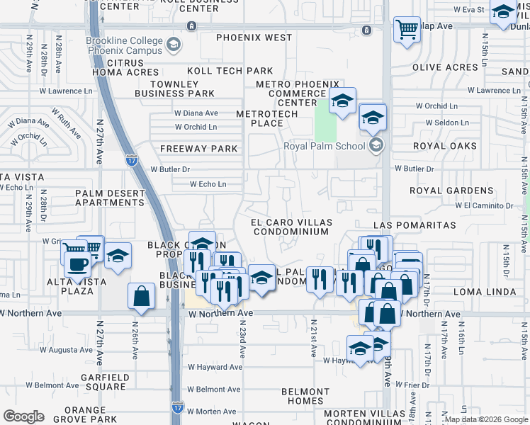 map of restaurants, bars, coffee shops, grocery stores, and more near 2218-2298 W El Caminito Dr in Phoenix