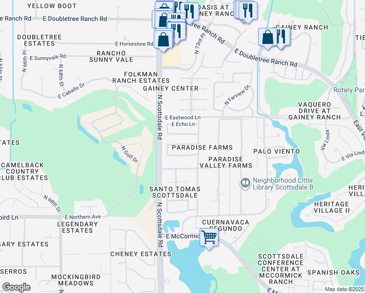 map of restaurants, bars, coffee shops, grocery stores, and more near 7285 East Las Palmaritas Drive in Scottsdale