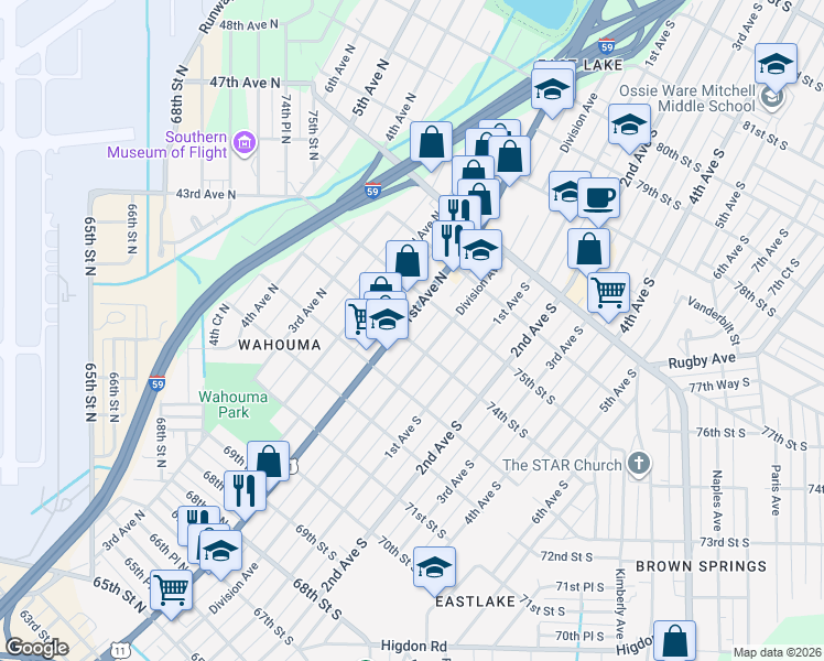map of restaurants, bars, coffee shops, grocery stores, and more near 7405 1st Avenue North in Birmingham
