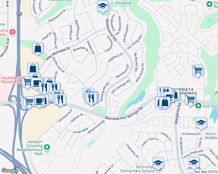 map of restaurants, bars, coffee shops, grocery stores, and more near 39790 Notting Hill Road in Murrieta