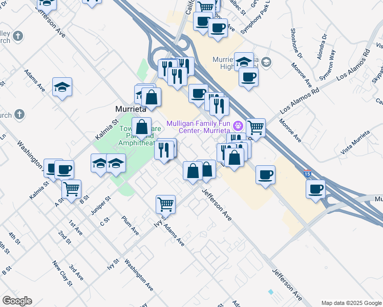 map of restaurants, bars, coffee shops, grocery stores, and more near 41410 Juniper Street in Murrieta