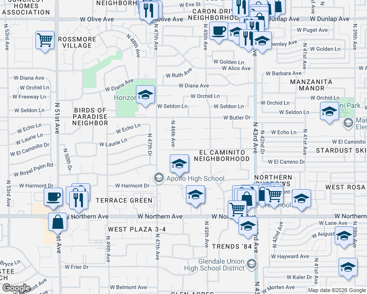map of restaurants, bars, coffee shops, grocery stores, and more near 4550 West El Caminito Drive in Glendale
