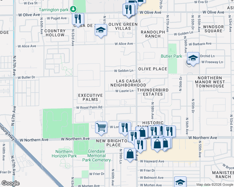 map of restaurants, bars, coffee shops, grocery stores, and more near 6031 West Laurie Lane in Glendale