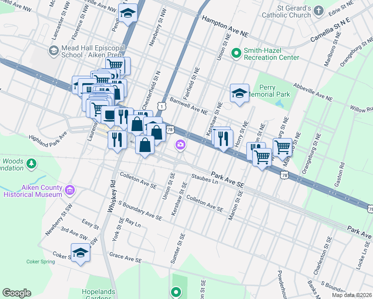 map of restaurants, bars, coffee shops, grocery stores, and more near 130-144 Union Street Southeast in Aiken
