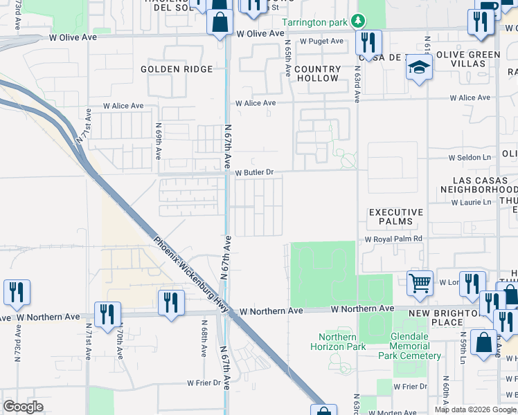 map of restaurants, bars, coffee shops, grocery stores, and more near 8401 North 67th Avenue in Glendale