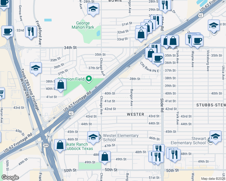 map of restaurants, bars, coffee shops, grocery stores, and more near 5426 39th Drive in Lubbock