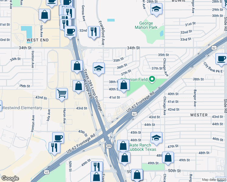 map of restaurants, bars, coffee shops, grocery stores, and more near 5704 41st Street in Lubbock