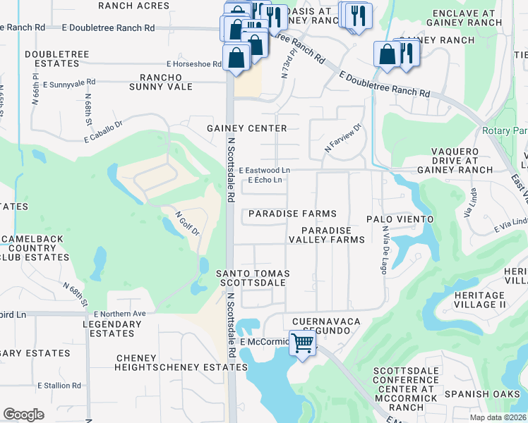 map of restaurants, bars, coffee shops, grocery stores, and more near 7285 East Las Palmaritas Drive in Scottsdale