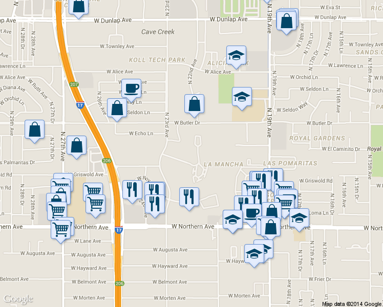 map of restaurants, bars, coffee shops, grocery stores, and more near 8301 North 21st Drive in Phoenix