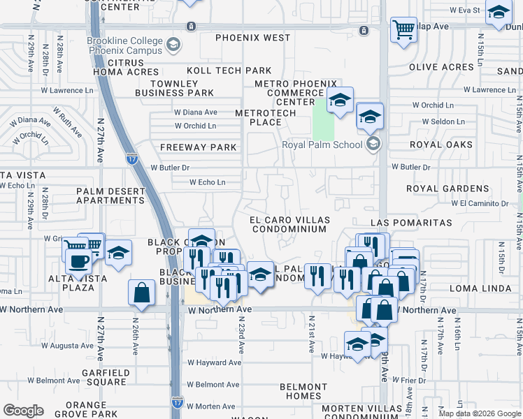 map of restaurants, bars, coffee shops, grocery stores, and more near 2218-2298 W El Caminito Dr in Phoenix
