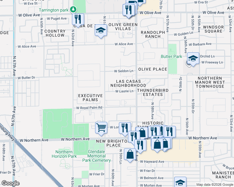map of restaurants, bars, coffee shops, grocery stores, and more near 6031 West Laurie Lane in Glendale