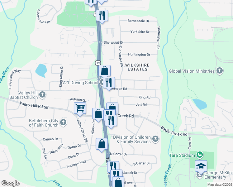 map of restaurants, bars, coffee shops, grocery stores, and more near 7197 Maple Drive in Jonesboro