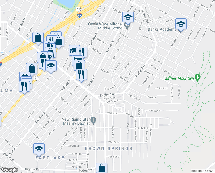 map of restaurants, bars, coffee shops, grocery stores, and more near 7740 Madrid Avenue in Birmingham