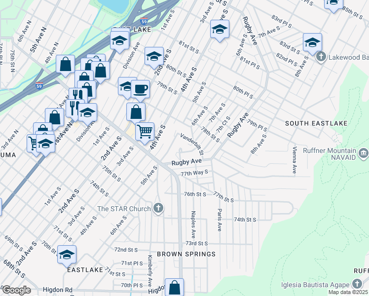 map of restaurants, bars, coffee shops, grocery stores, and more near 7740 Madrid Avenue in Birmingham