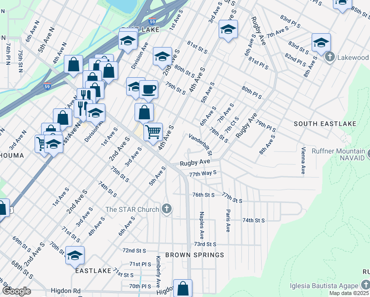 map of restaurants, bars, coffee shops, grocery stores, and more near 7740 Madrid Avenue in Birmingham