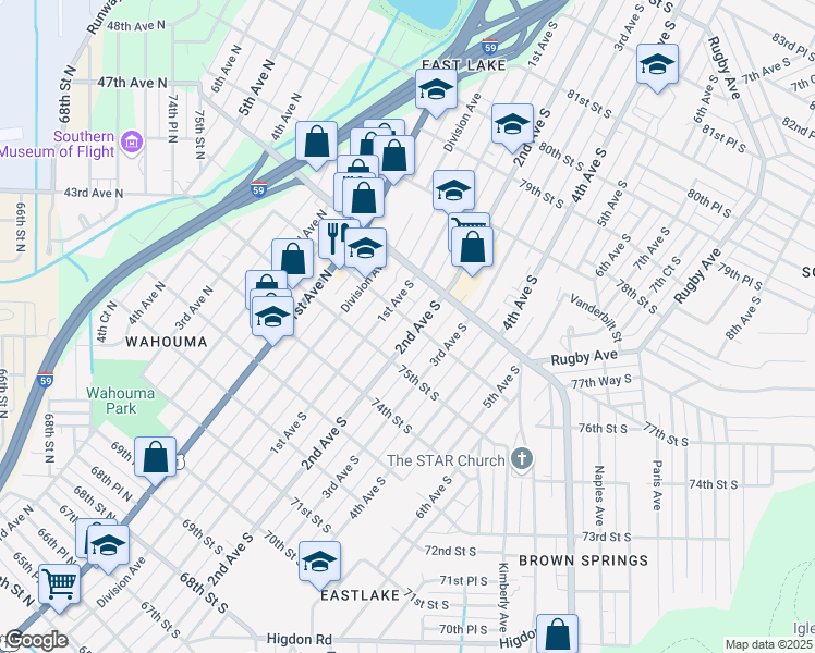 map of restaurants, bars, coffee shops, grocery stores, and more near 7528 2nd Avenue South in Birmingham