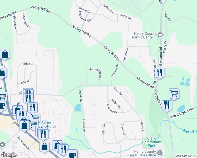 map of restaurants, bars, coffee shops, grocery stores, and more near 104 Mossy Brook Drive in Stockbridge