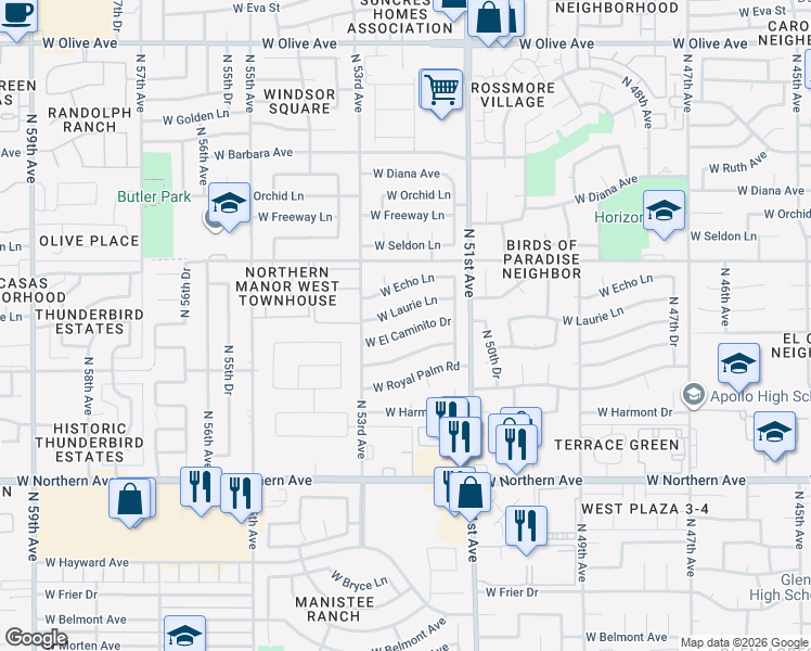 map of restaurants, bars, coffee shops, grocery stores, and more near 5202 West El Caminito Drive in Glendale