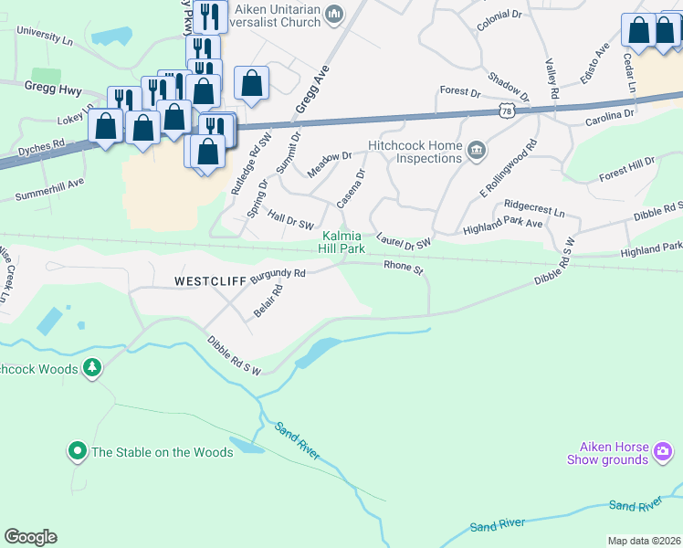 map of restaurants, bars, coffee shops, grocery stores, and more near 1 Burgundy Rd in Aiken