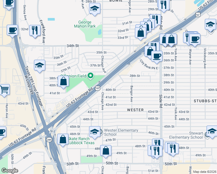 map of restaurants, bars, coffee shops, grocery stores, and more near 5428 39th Drive in Lubbock
