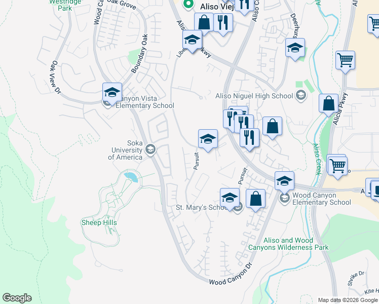 map of restaurants, bars, coffee shops, grocery stores, and more near Rue Du Chateau in Aliso Viejo