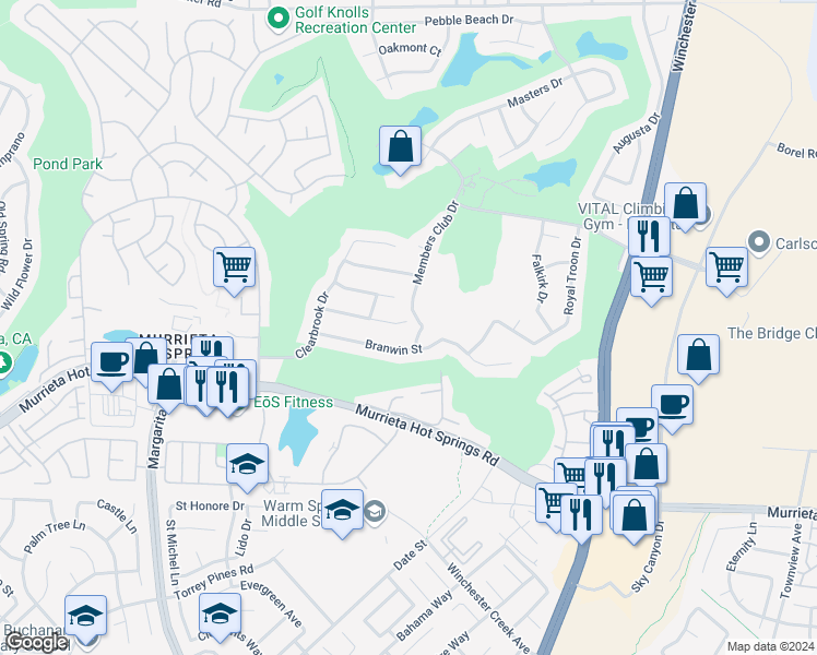 map of restaurants, bars, coffee shops, grocery stores, and more near 29355 Gandolf Court in Murrieta