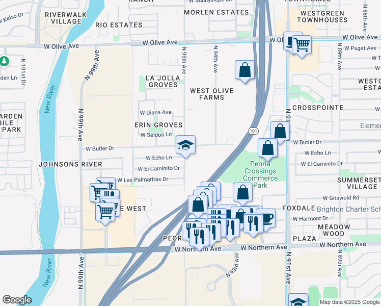 map of restaurants, bars, coffee shops, grocery stores, and more near 8361 North 95th Avenue in Peoria