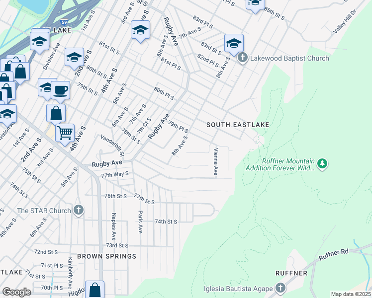 map of restaurants, bars, coffee shops, grocery stores, and more near 809 79th Street South in Birmingham