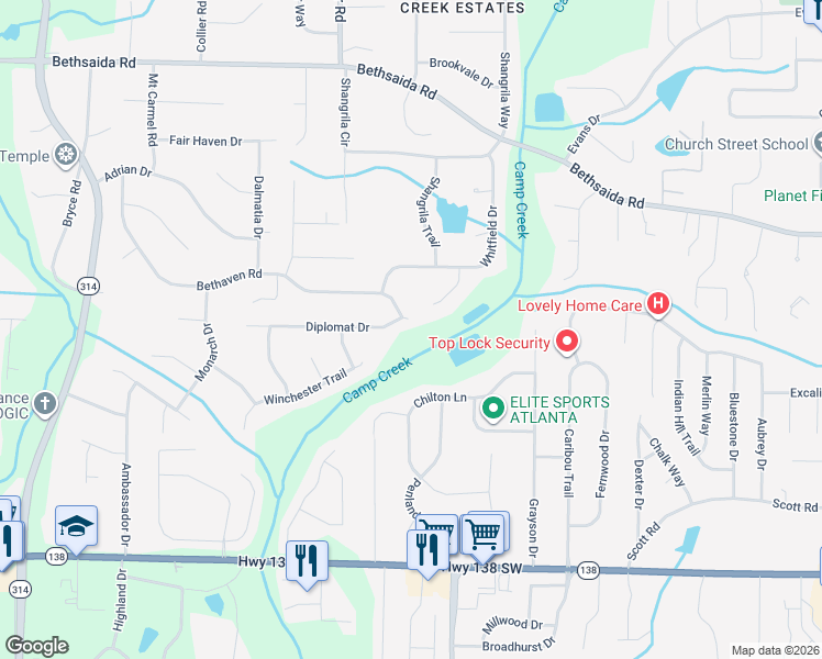map of restaurants, bars, coffee shops, grocery stores, and more near 1341 Bethaven Road in Riverdale