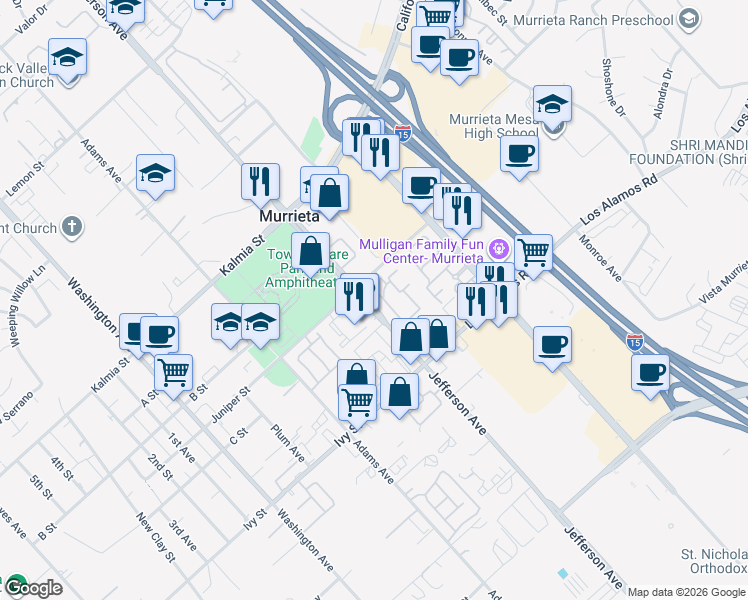 map of restaurants, bars, coffee shops, grocery stores, and more near 41410 Juniper Street in Murrieta