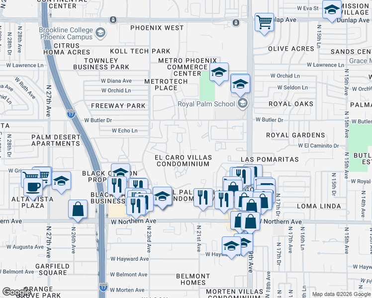map of restaurants, bars, coffee shops, grocery stores, and more near 8309 North 21st Drive in Phoenix