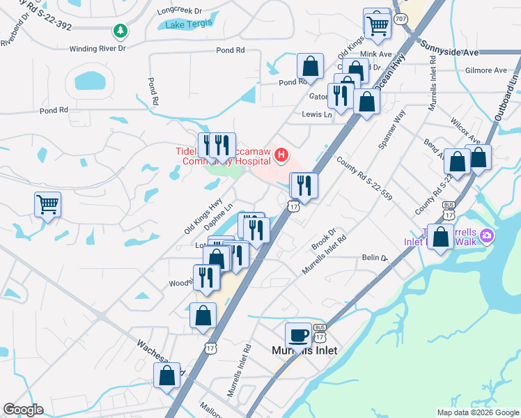 map of restaurants, bars, coffee shops, grocery stores, and more near 4269 Crepe Myrtle Court in Murrells Inlet