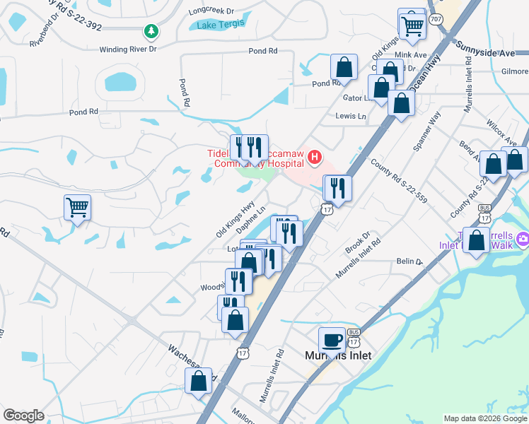 map of restaurants, bars, coffee shops, grocery stores, and more near 4276 Santolina Way in Murrells Inlet