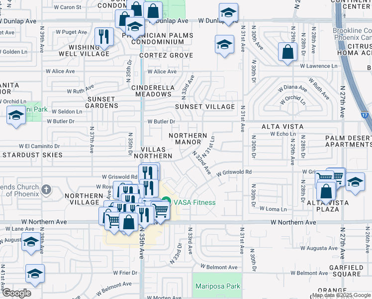 map of restaurants, bars, coffee shops, grocery stores, and more near 1905 West Las Palmaritas Drive in Phoenix