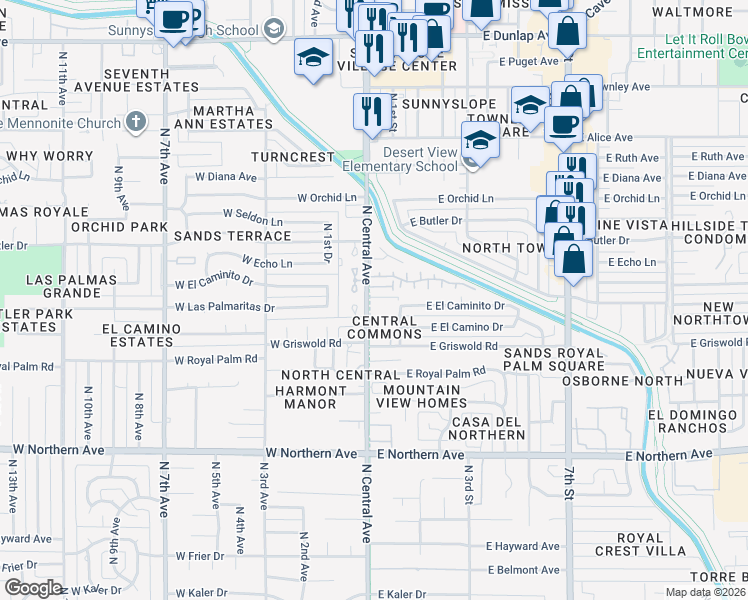 map of restaurants, bars, coffee shops, grocery stores, and more near 8402C North Central Avenue in Phoenix