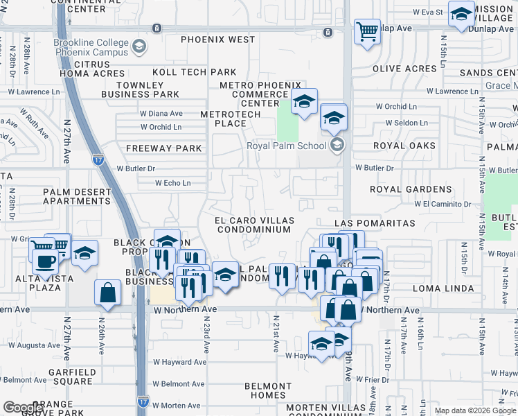 map of restaurants, bars, coffee shops, grocery stores, and more near 8309 North 21st Drive in Phoenix