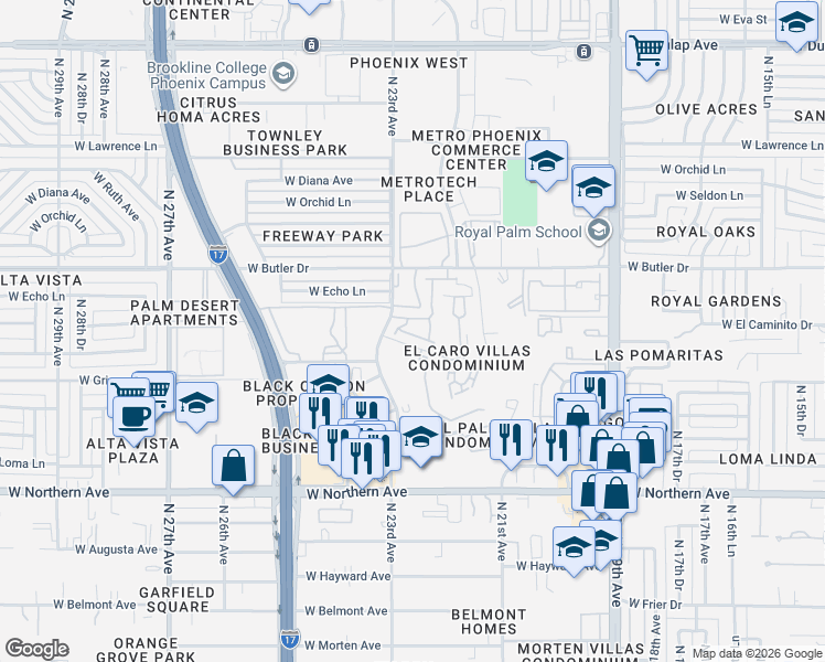 map of restaurants, bars, coffee shops, grocery stores, and more near 2218-2298 W El Caminito Dr in Phoenix