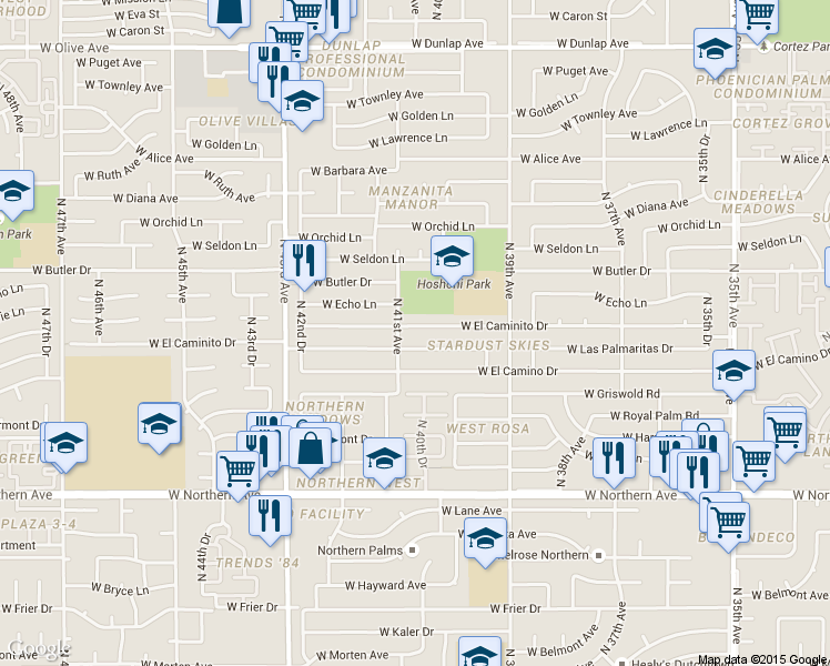 map of restaurants, bars, coffee shops, grocery stores, and more near 4024 West Las Palmaritas Drive in Phoenix