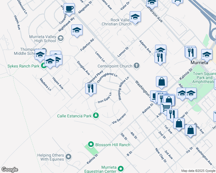 map of restaurants, bars, coffee shops, grocery stores, and more near 24412 Kentucky Derby Way in Murrieta