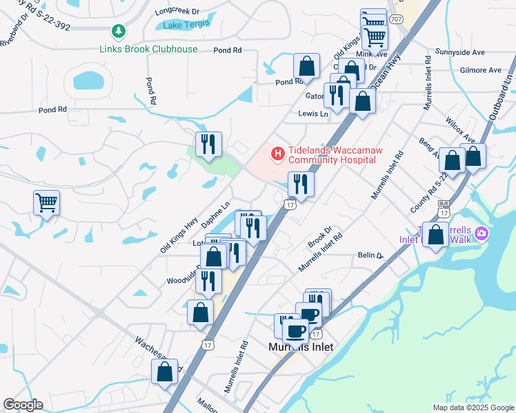 map of restaurants, bars, coffee shops, grocery stores, and more near 4269 Crepe Myrtle Court in Murrells Inlet