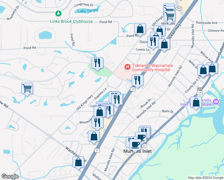 map of restaurants, bars, coffee shops, grocery stores, and more near 4276 Santolina Way in Murrells Inlet