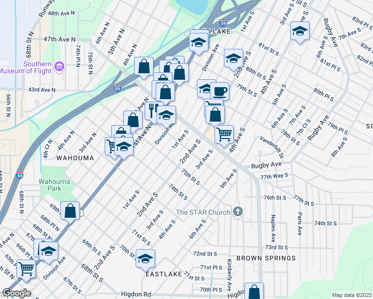 map of restaurants, bars, coffee shops, grocery stores, and more near 7528 2nd Avenue South in Birmingham