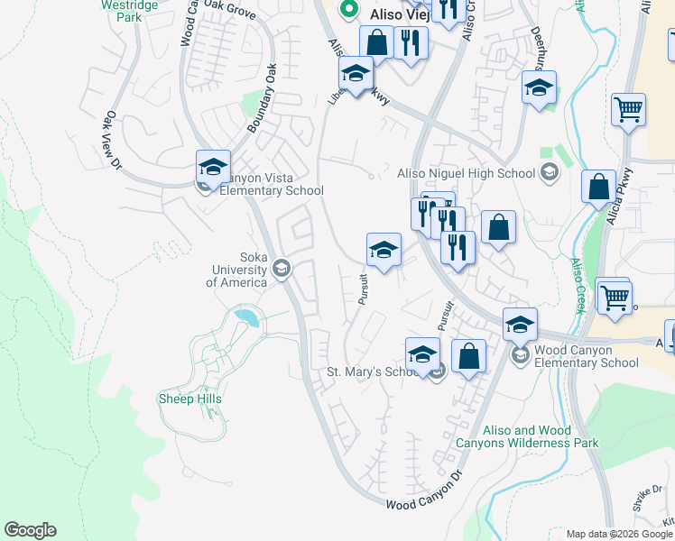 map of restaurants, bars, coffee shops, grocery stores, and more near 15 Rue Du Chateau in Aliso Viejo