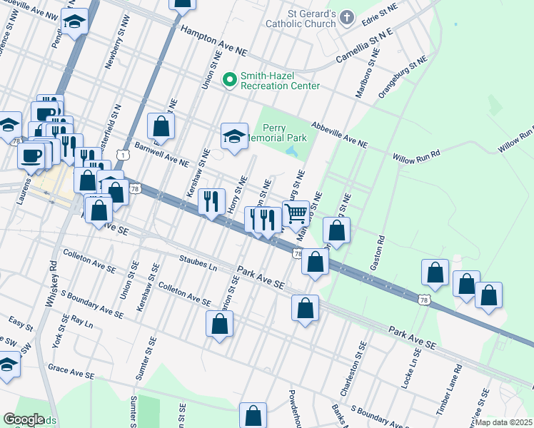 map of restaurants, bars, coffee shops, grocery stores, and more near 134 Marion Street Northeast in Aiken